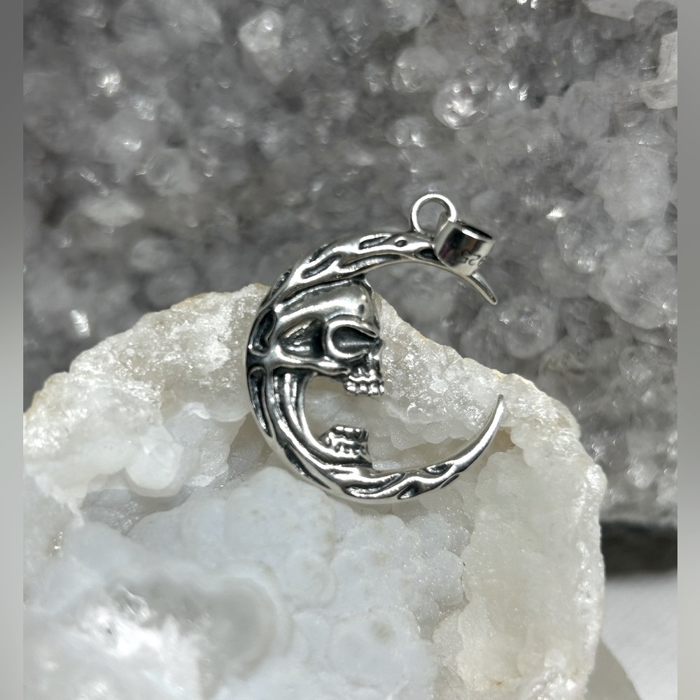 Sterling Silver Crescent Moon Skull Pendant